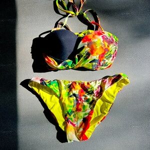 Beach Bunny floral bikini with corset lace up bra back and gold metal accents.